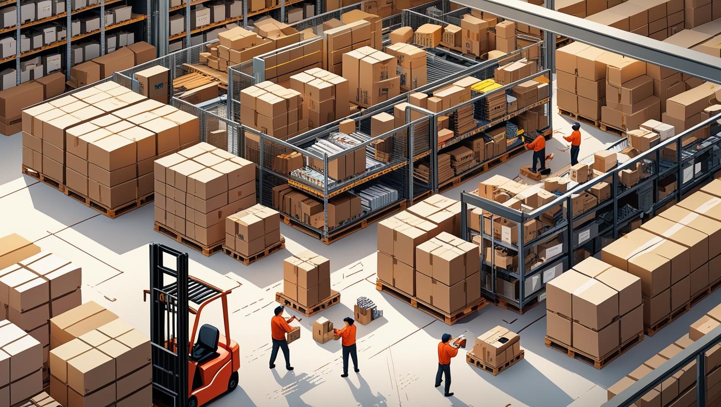 create a warehouse with receiving, QC, storage, picking, packing, loading to truck