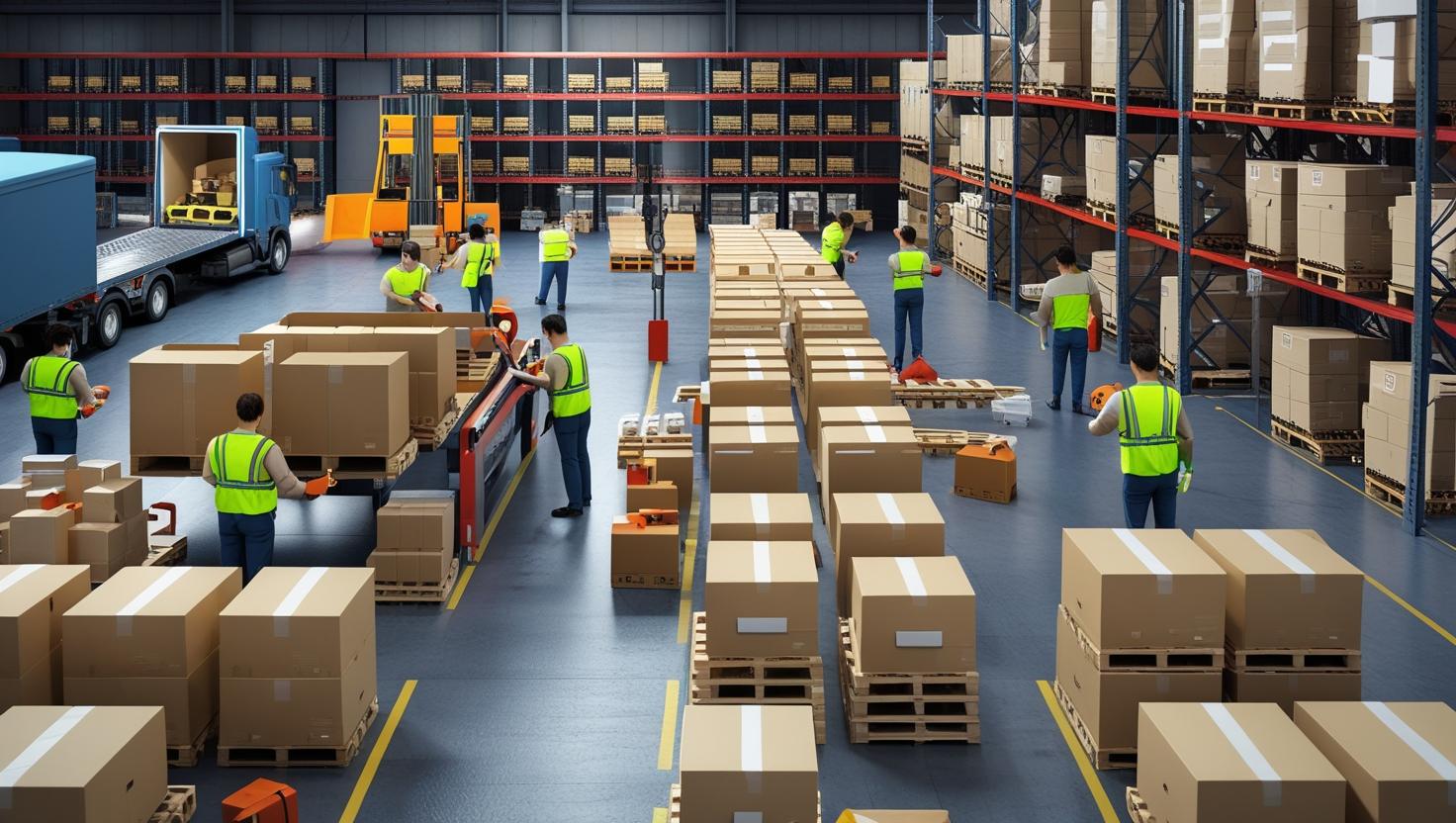 entire warehouse with operations including receiving from trucks, storage (inventory), picking, packing, shipping, etc.